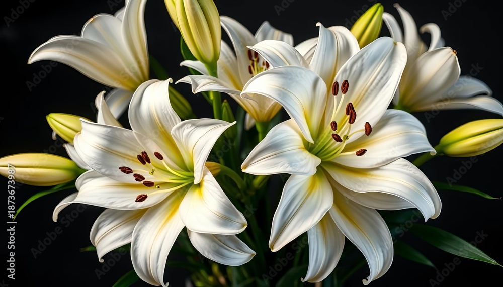 Fototapeta premium Elegant white lilies arranged in a classic bouquet, spring, summer