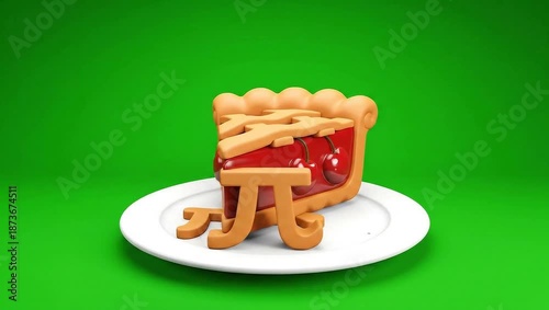 A slice of cherry pie with a pi symbol on a white plate against a green background.