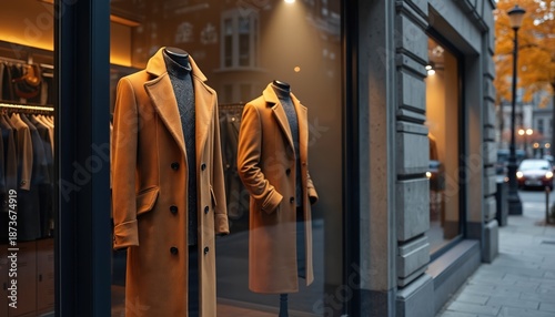 Mannequins display stylish camel coats in fashion store window. Mens luxury winter apparel, cozy turtleneck sweaters on show. Retail design for menswear with autumn collection at city street boutique.