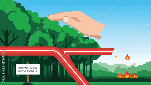 A hand protects the forest from wildfires in a serene landscape view