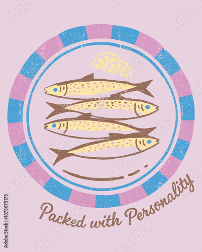 Fish on a plate vector illustration vintage food icon design art symbol heart sea restaurant label card frame flower retro set
