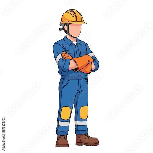 Industrial Worker in Blue Uniform and Yellow Hard Hat