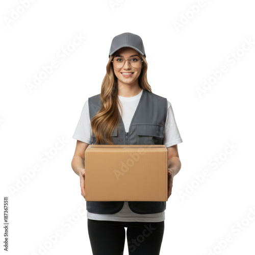 Female delivery person in gray uniform holding a box, cutout isolated on transparent background