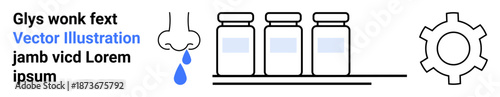 Nose with droplet, three vaccine vials on rack, technical gear cog. Ideal for health, medicine, vaccination, research, biotechnology, pharmaceutical innovation simple landing page