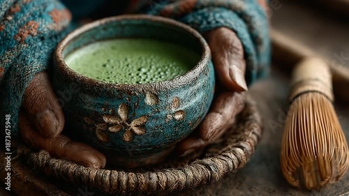 Hands holding a rustic bowl of matcha tea