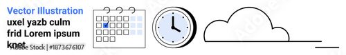 Scheduling, time management, cloud computing, planning, technology, remote work. Calendar with a marked date, analog clock and abstract cloud. Scheduling and time management concept