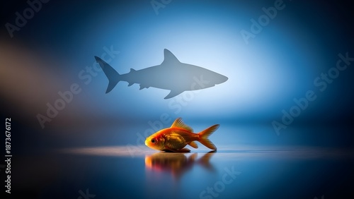 Small goldfish with a large shark shadow above it, symbolizing ambition and overcoming challenges.