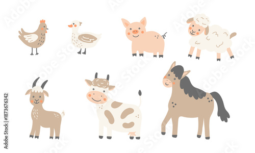 Gentle farm animals set in naive illustration style, hand drawn. Isolated elements on a white background 