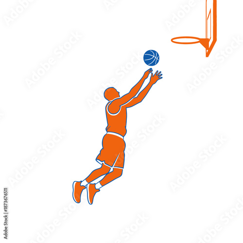 Basketball player jumping to score a slam dunk in a stylized illustration