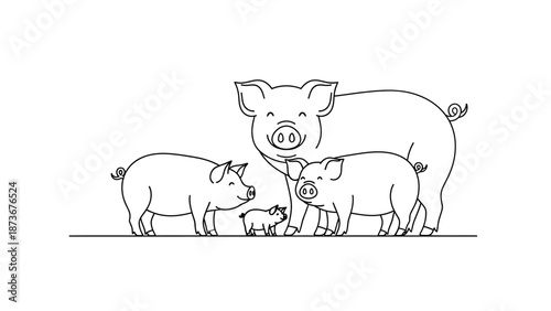 Cute Pig Family Line Art Illustration: Mother and Piglets