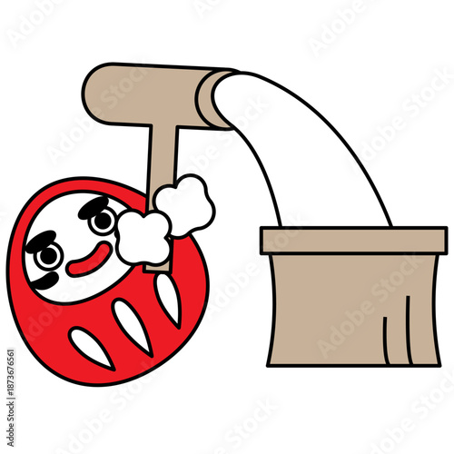 餅つきをするだるまの、正月向けで縁起のいいかわいいイラスト