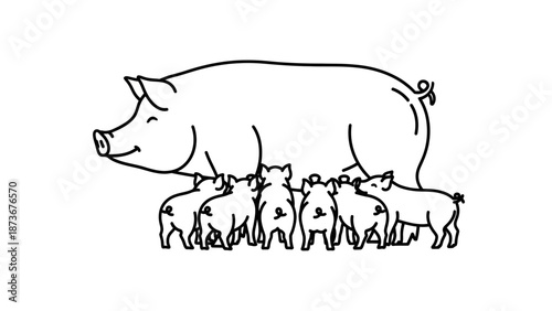Happy Mother Pig with Five Piglets Line Art Illustration