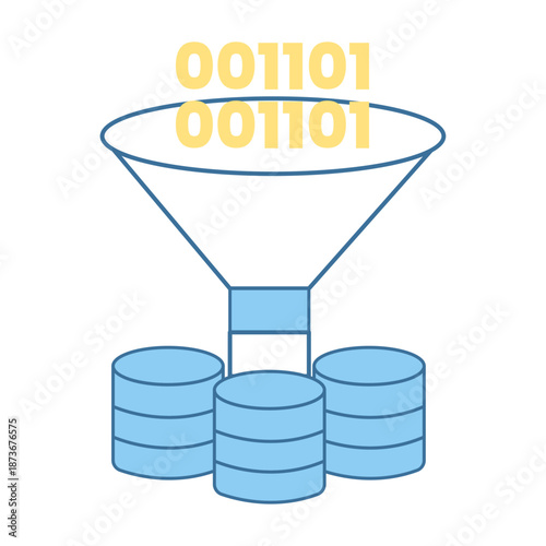 A funnel processing binary code into organized data stacks for information filtering and selection