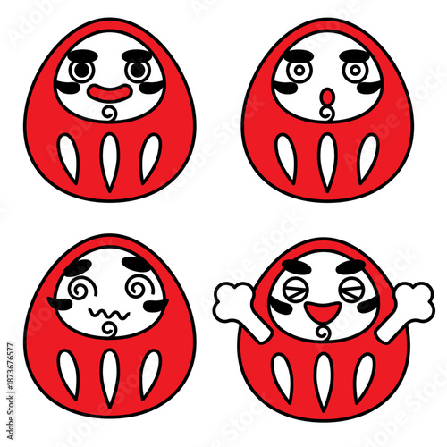 表情違いのだるま4種類セットの、かわいい縁起物キャラクターイラスト