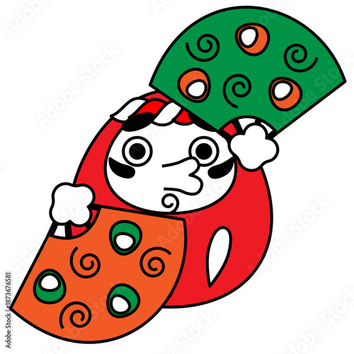 扇子を広げて祝うだるまの、縁起のいいかわいい和風イラスト