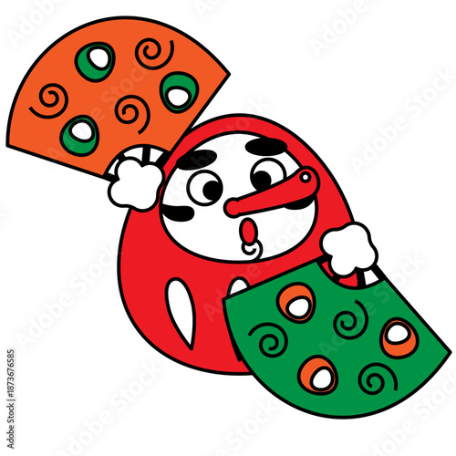 扇子を広げて舞うだるまの、縁起のいいかわいい和風イラスト