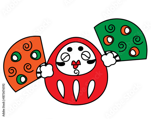 両手に扇子を持って喜ぶだるまの、縁起のいいかわいい和風イラスト