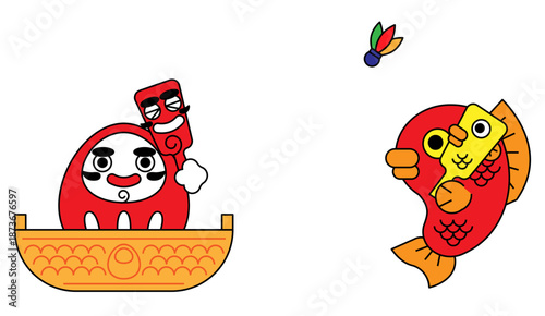 だるまと鯛をポップに描いた、縁起のいいかわいいキャラクターイラスト