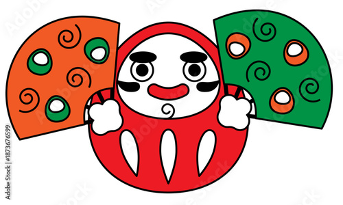 扇子を構えて気合を入れるだるまの、縁起のいい和風キャラクターイラスト