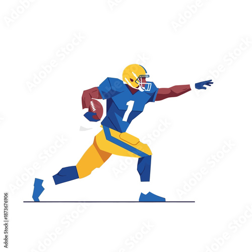 American Football Player Running with Ball, Blue and Yellow Uniform, Dynamic Action Pose