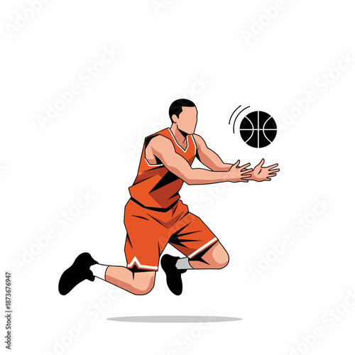 Basketball player jumping to catch ball, orange uniform, flat illustration