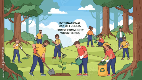 Community volunteers planting trees together in a forest for the International Day of Forests