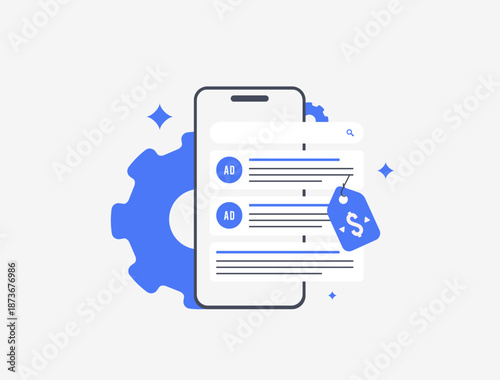 PPC automation ad management with smart bidding, budget control, fast ads optimization. Ppc management automation helping teams grow leads, cut costs, scale campaigns using AI vector illustration