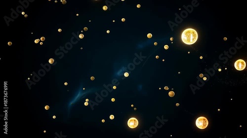Glowing, shimmering, gold, bokeh lights, scattered, night, dark, blue, background, abstract