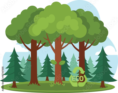 Eco-friendly forest landscape with trees, leaves, and a serene environment viewed from a distance.