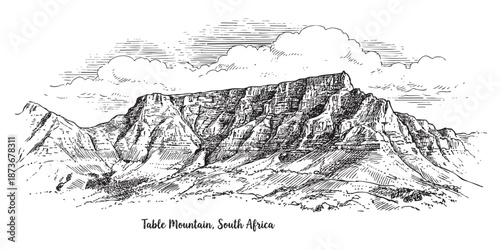 Table Mountain flat-topped landmark in South Africa illustrated in a vintage black and white engraving style.