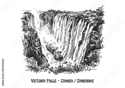 Bilde på lerret Victoria Falls waterfall landscape in Zambia and Zimbabwe illustrated in a vintage black and white engraving style