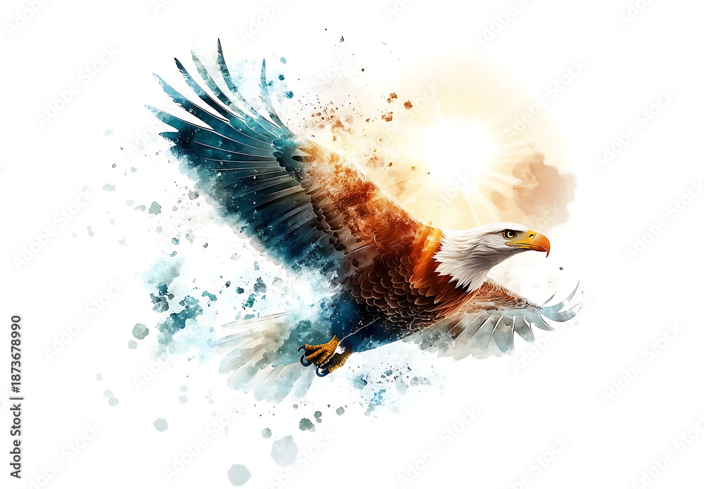 Fototapeta premium Watercolor bald eagle in flight, showcasing vibrant colors and dynamic movement, evokes sense of freedom and majesty