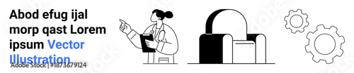 Healthcare, innovation, workplace design, teamwork, medical guidance, technology. A female doctor with a clipboard, a chair and gear symbols. Healthcare and innovation concepts