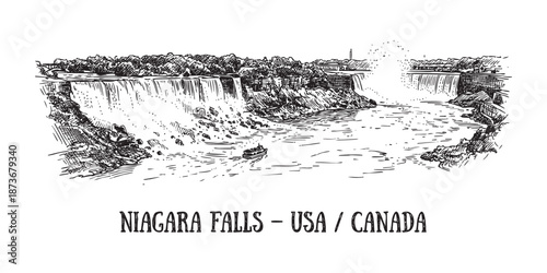 Fotografía Panoramic view of Niagara Falls waterfalls illustrated in a vintage black and white engraving style