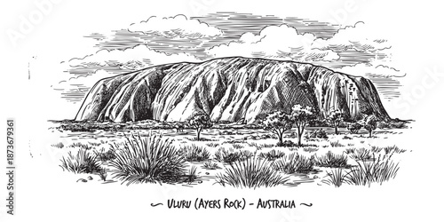 Uluru Ayers Rock in the Australian outback illustrated in a vintage black and white engraving style.