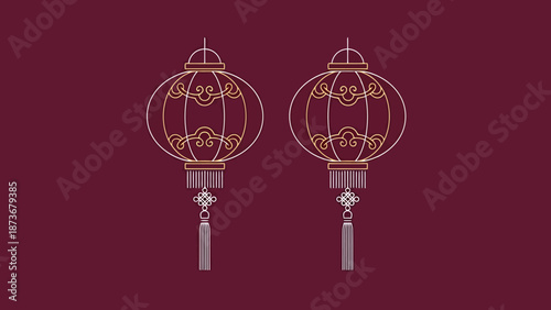 Two decorative traditional Asian lanterns with intricate gold detailing and tassels hang against a deep red background symbolizing culture and