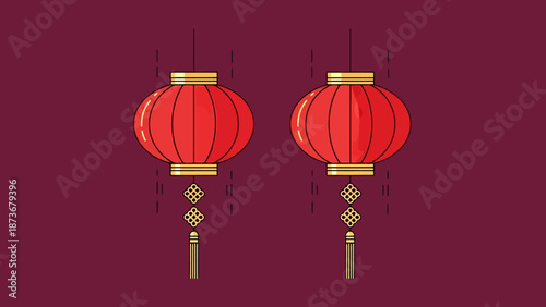 Two Traditional Red Chinese Lanterns Illuminated Hanging With Decorative Tassels Against Deep Plum Background