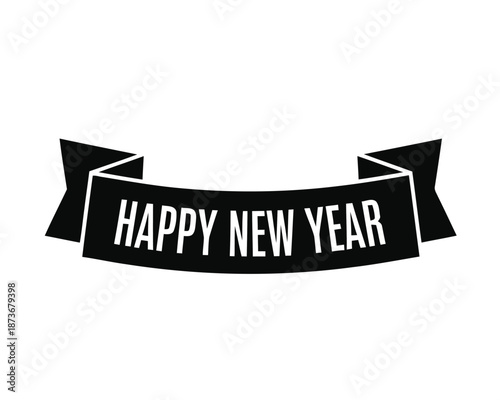 Festive black ribbon banner with bold white 'Happy New Year' lettering, ideal for holiday greeting cards, celebratory event invitations, and seasonal graphic designs