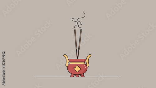 Zen Concept For Peaceful Meditation With Incense Sticks Burning In An Antique Colored Urn With Subtle Smoke Wisps Rising Against A Neutral Backdrop