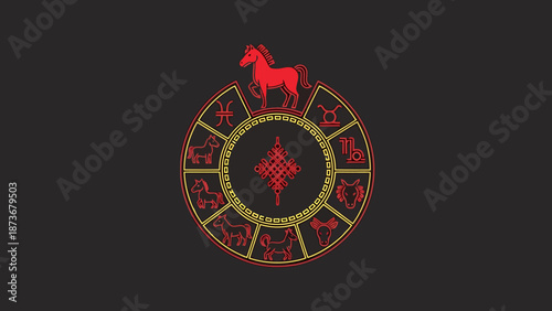 Astrology Zodiac Wheel Circle With Horse Symbol And Chinese New Year Animals On Dark Background