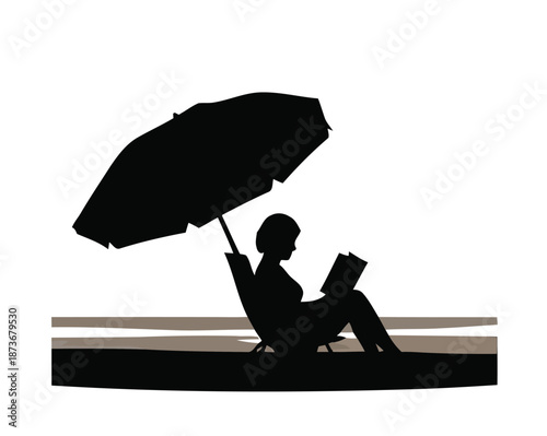 Silhouette of a woman reading a book under an umbrella on a beach
