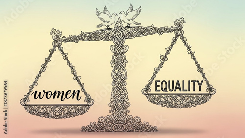 Ornate scales with women and equality symbols representing balance and justice in feminist