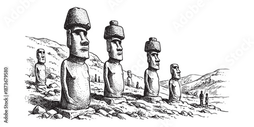 Moai monolithic statues on Easter Island illustrated in a vintage black and white engraving style.