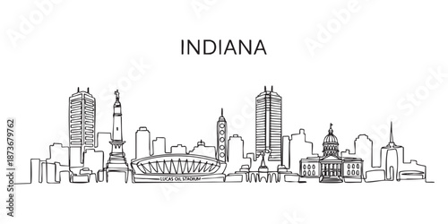 Indiana state skyline featuring Indianapolis city landmarks and monument illustrated in a continuous one line drawing style.