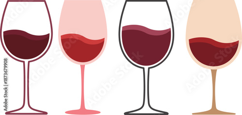 Red wine glass illustration set featuring modern flat style goblets with wine levels, elegant drink icons perfect for menu design, bar branding, and beverage graphics