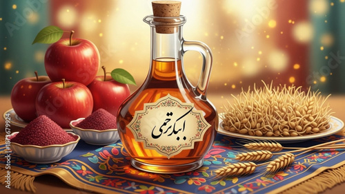 A glass jug of amber liquid with arabic script on the label surrounded by apples wheat