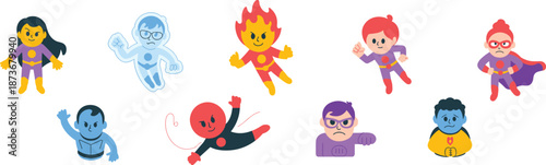 Cute superhero kids characters illustration featuring children with superpowers, colorful cartoon heroes and villains set, playful style perfect for comics, games, and kids designs