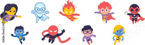 Diverse cartoon superheroes in dynamic flying poses with colorful costumes, showcasing imaginative powers and teamwork on white background.