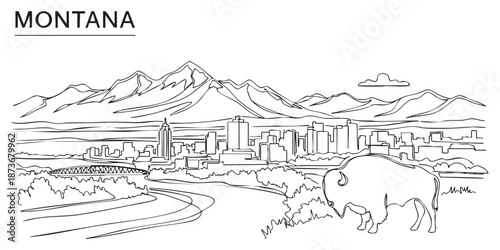 Φωτογραφία Montana state skyline featuring mountain landscape and bison illustrated in a continuous one line drawing style