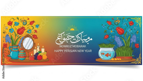 Vibrant persian new year celebration banner with traditional nowruz elements and colorful